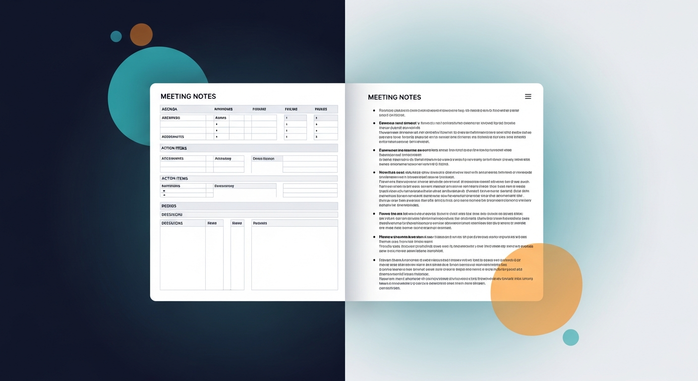 A split-screen showing a detailed, structured meeting notes template on one side and a chaotic, bullet-point-sparse notes document on the other, illustrating the contrast between effective and poor meeting documentation