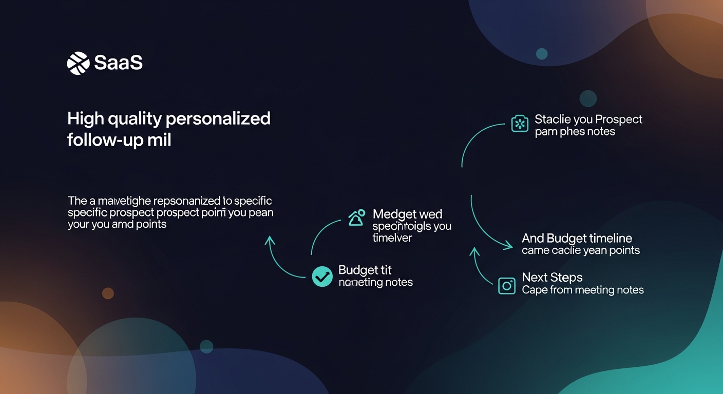 An example of a high-quality personalized follow-up email that references specific prospect pain points, budget timeline, and next steps, with annotations highlighting where each element came from meeting notes