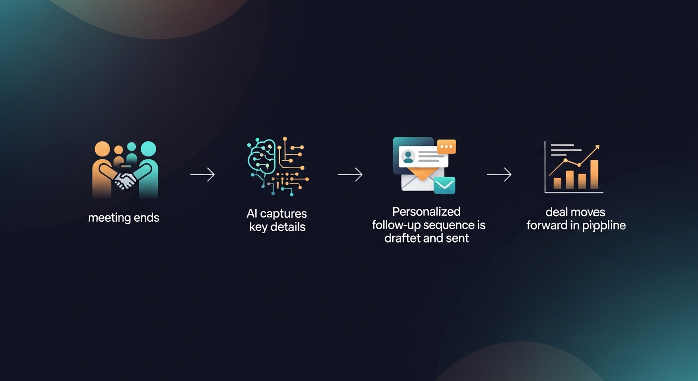 A visual flowchart showing the ReplySequence workflow: meeting ends → AI captures key details → personalized follow-up sequence is drafted and sent → deal moves forward in pipeline